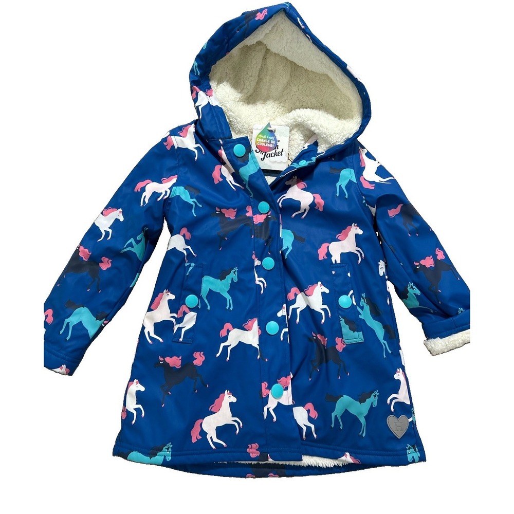 NEW Hatley Girl's 6 Prancing Horses Color Changing Raincoat Fleece-Lined